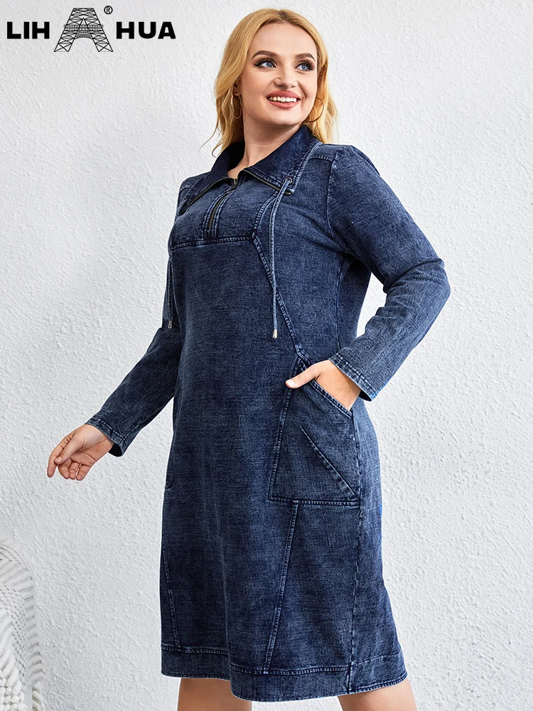 LIH HUA damskie Plus Size sukienka jeansowa jesienne elegancki, szykowny sukienki dla pulchnych kobiet dzianiny bawełniane dekolt z klapami sukienki