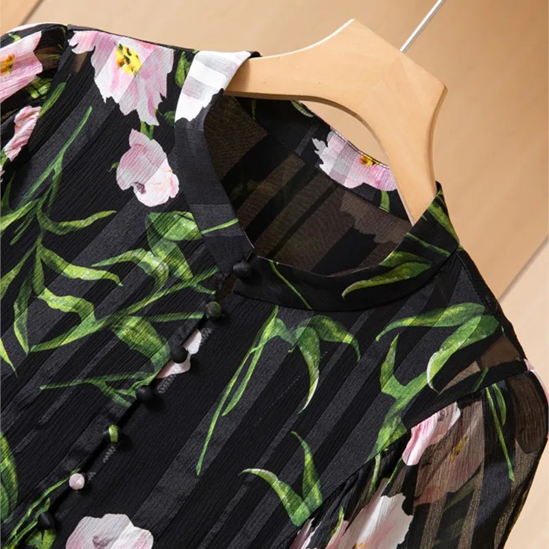 High Quality Silk Floral Skirt Light Luxury High-End Waist  Graceful round Neck Large Swing Real Long Dress