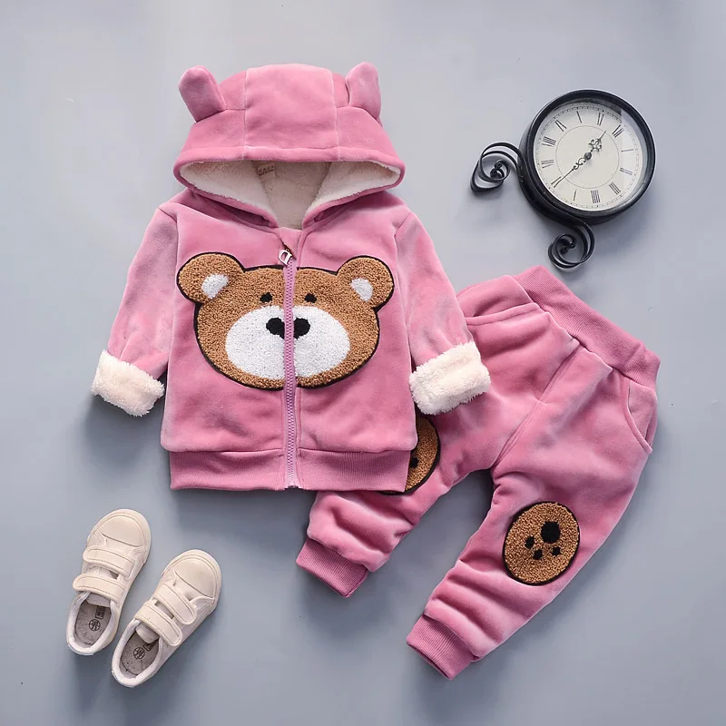 New Thicken Plush Warm Baby Boys Girls Clothing Set Winter Bear Mouse Suit For Kids Children Hooded Jacket And Pants Outfit