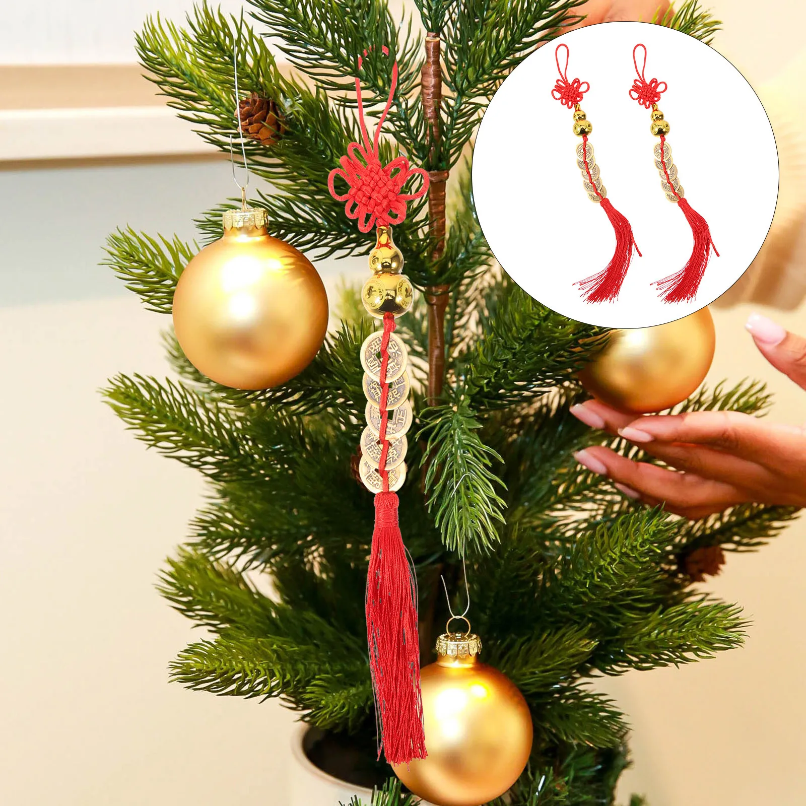 

2Pcs Chinese Style New Year Pendant Wooden Copper Fengshui Ornament Home Decor Tassels Hanging Decoration Coin Hanging Ornament