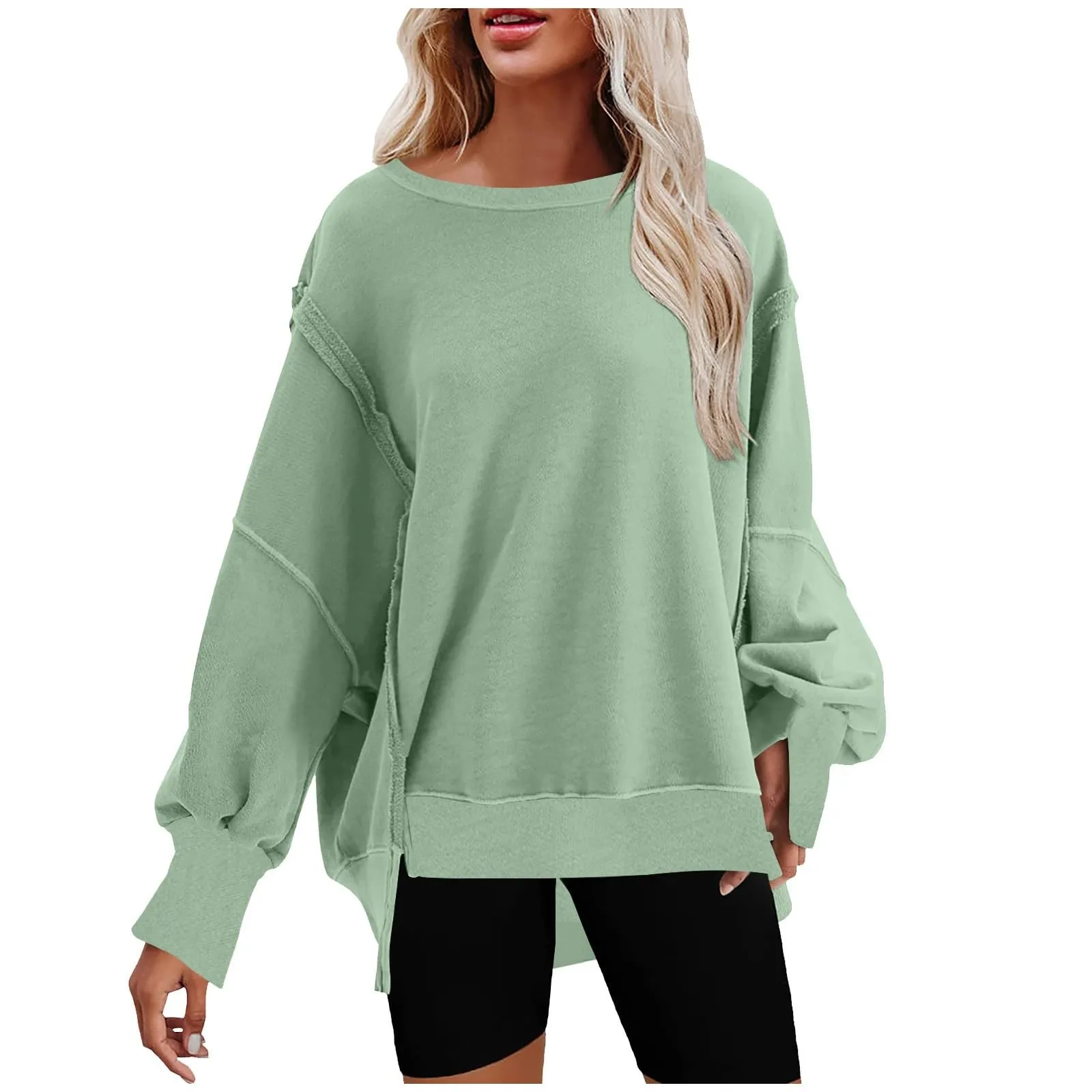 Sweatshirts For Women Oversized Long Sleeve Drop Shoulder Casual Crewneck Split Hem Pullover Sweatshirts Tops