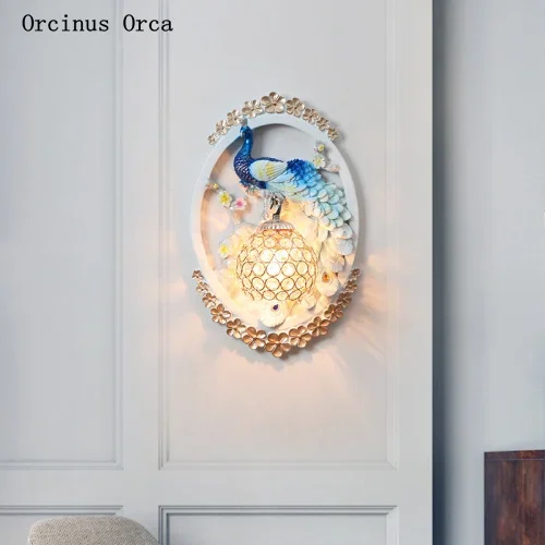 Nordic creative Colorful Peacock wall lamp living room corridor Bedside Lamp Retro decorative carved crystal wall lamp