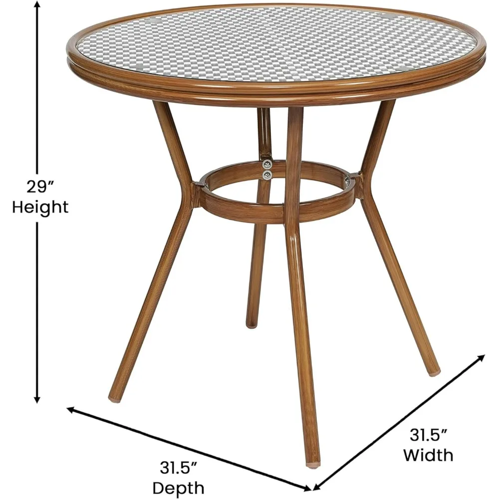 PE Camping Table Lourdes Indoor/Outdoor Commercial French Bistro Table Bamboo Print Aluminum Black & White Rattan/Natural Frame