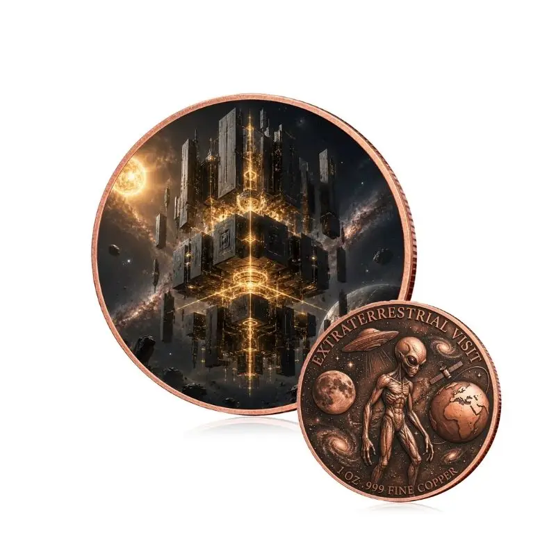 1oz .999 Fine Copper Round Extraterrestrial Visit Interstellar Mothership UFO Cube Spacecraft Colorized Sci-Fi Collectible Gift