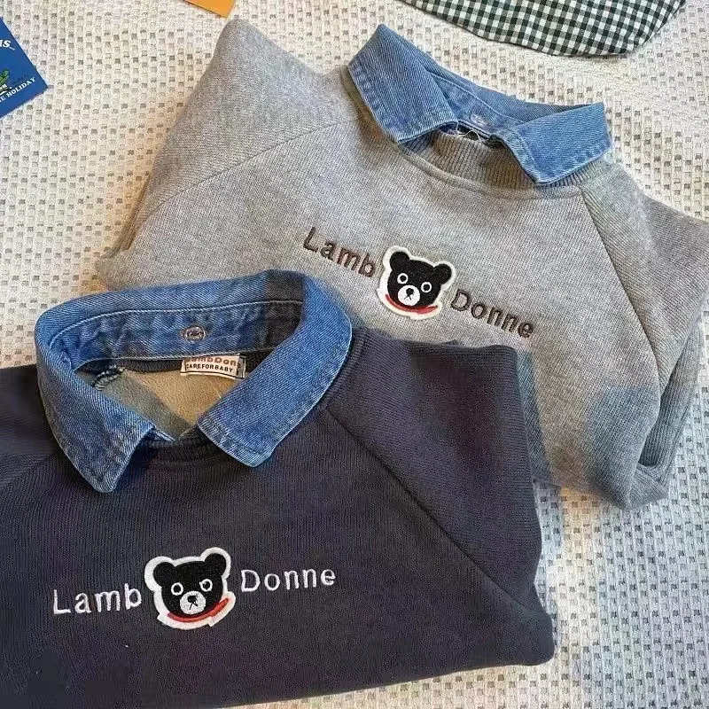 Baby Jungen Mädchen Langarm-Sweatshirt 2026 Herbst Winter Kinder Cartoon Bär Plüsch Dick Denim Revers Pullover Basis-Shirt Oberteil – Detail 2