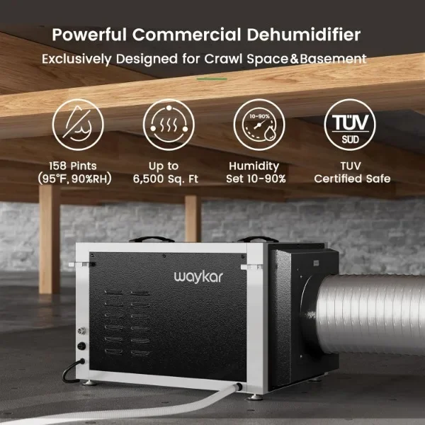 Waykar 158 Pints Commercial Dehumidifier for Crawl Spaces, Dual Duct HVAC Industrial Dehumidifier with Drain Hose