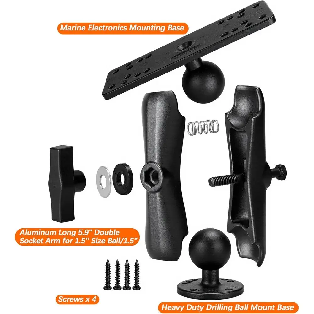 حامل مكتشف السمك من الألومنيوم مع كرة بحجم 1.5 بوصة/ج، ذراع 5.9 بوصة للإلكترونيات البحرية/حامل مكتشف العمق. مقاومة للماء والملح العالي، كوم