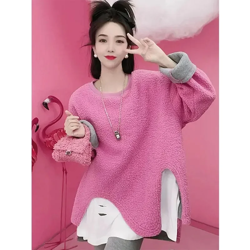 

Women Splicing Together Large Size 4XL Tops Ladies Round Neck Sweatershirts Jacket Female Hoodies Coat