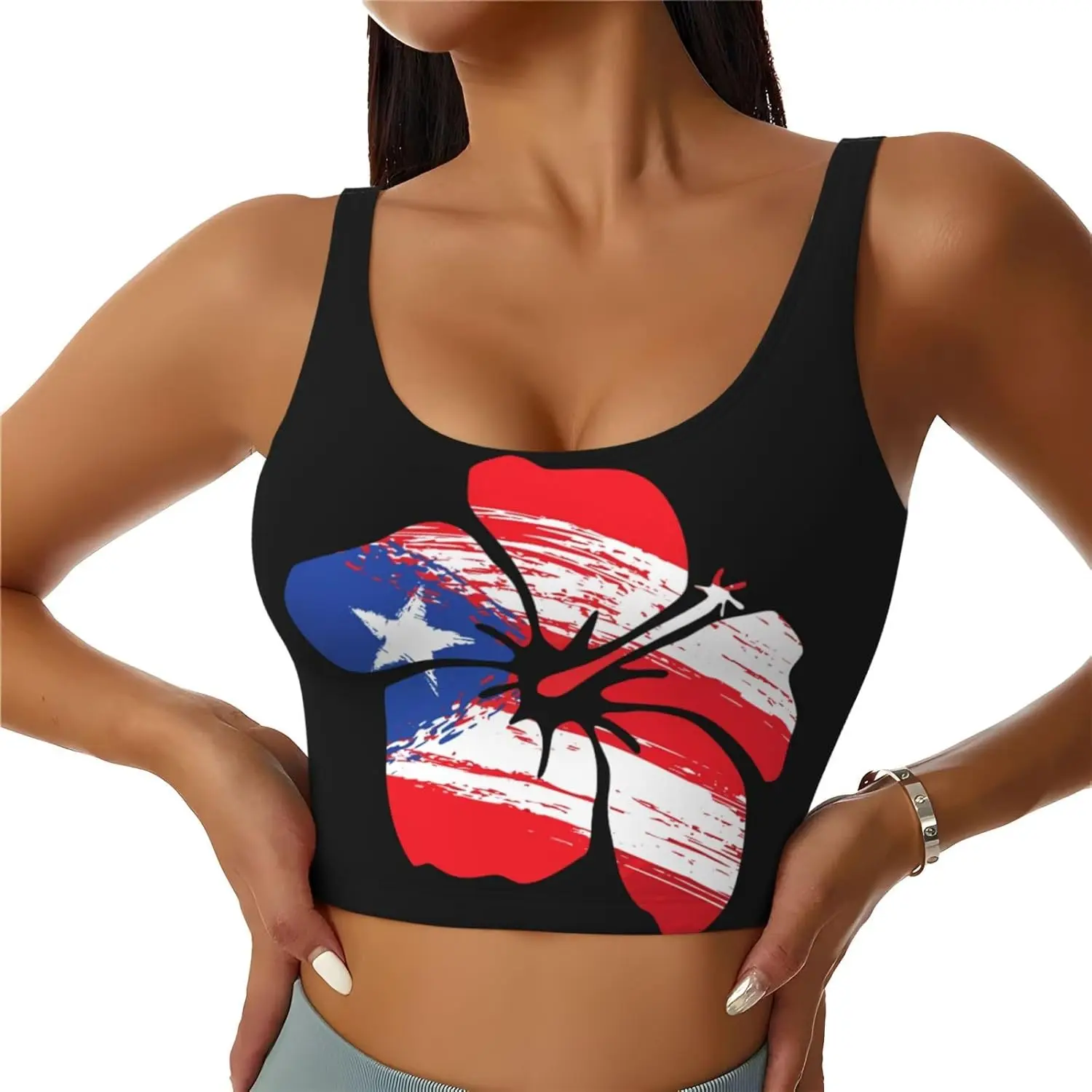 

Puerto Rican Flag Hibiscus Print Crop Top Women Sports Bra Yoga Vest Sleeveless U Back Bralettes Tank Racerback Underwear
