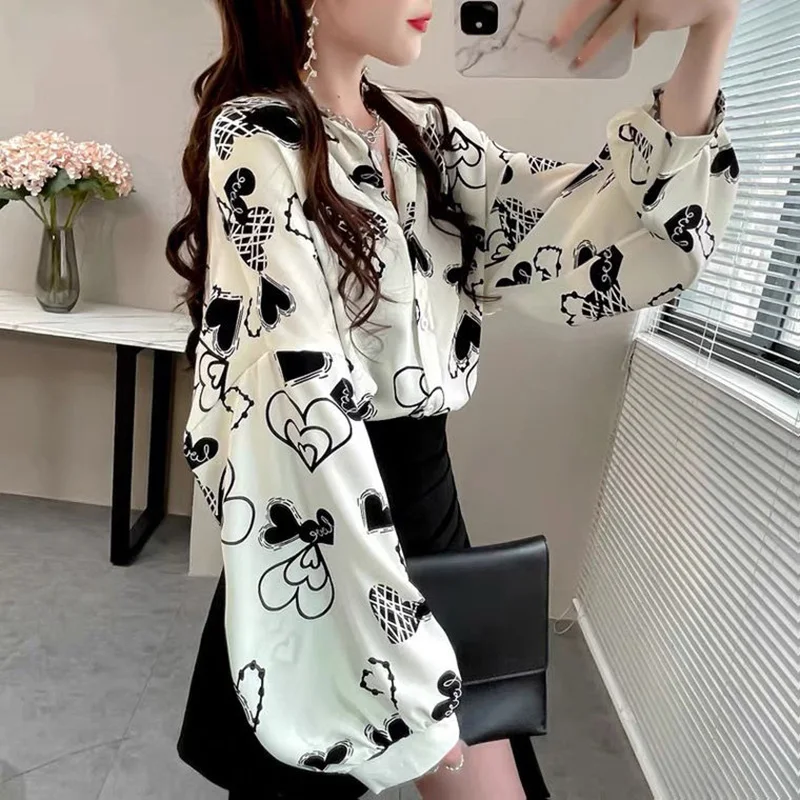 Fashion Lantern Sleeve Printed Lapel Button Casual Chiffon Shirt 2022 Spring New Oversized Loose Women Clothing Commute Blouse