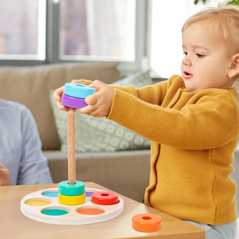 Montessori Toys Rainbow Stacking Ring Tower Board Baby Early Educational Teaching Aids Wood Toddler Baby Toy for Children Colors