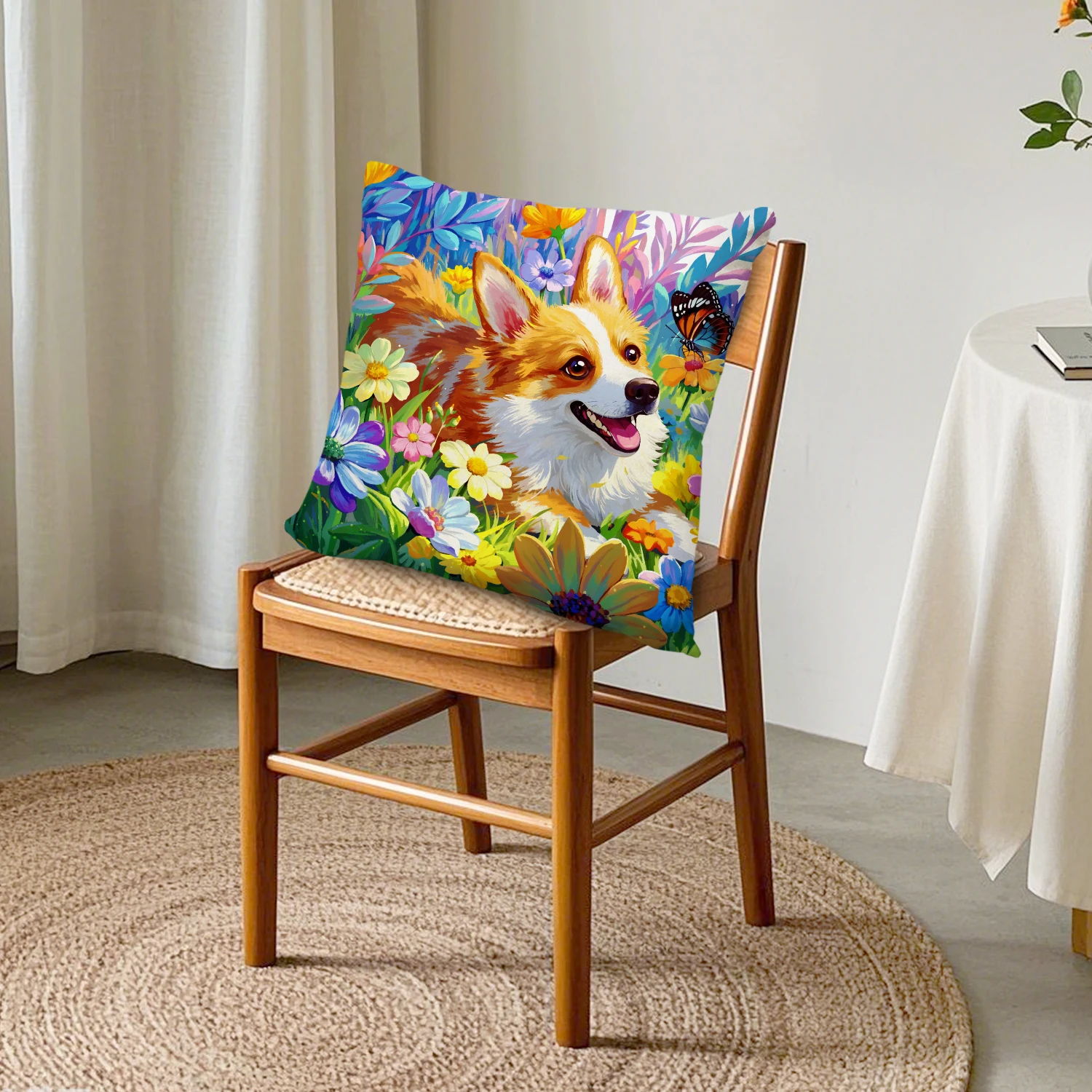 Corgi Dog Floral Butterfly Pillow Cover Colorful Wildflower Spring Garden Farmhouse Decorative Sofa Bed Home Decor Cushion Case