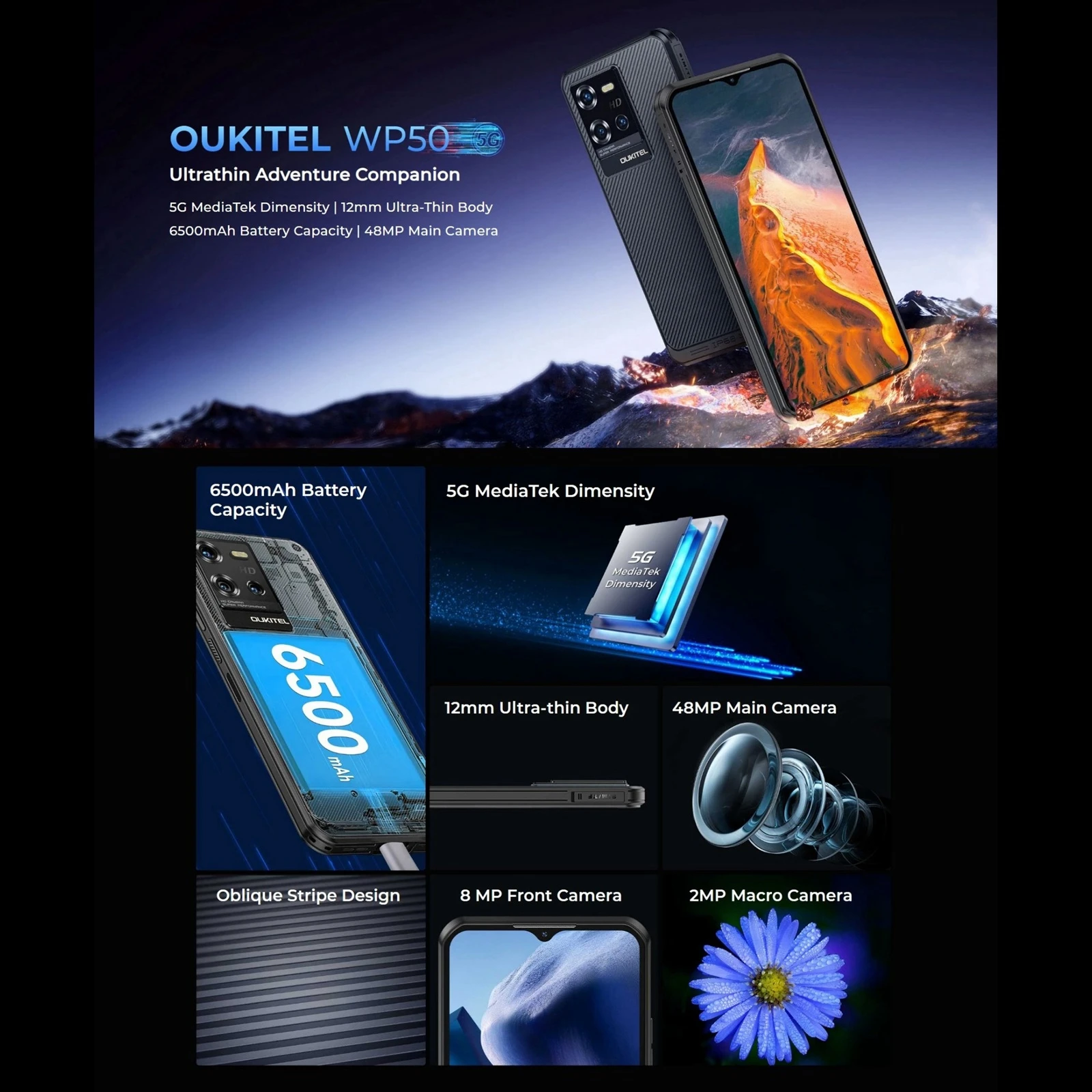 Oukitel WP50 5G 견고한 휴대폰, 6.6 인치 안드로이드 14.0, MediaTek Dimensity 6100, 옥타코어 48MP NFC 5G 스마트폰, 4GB + 256GB