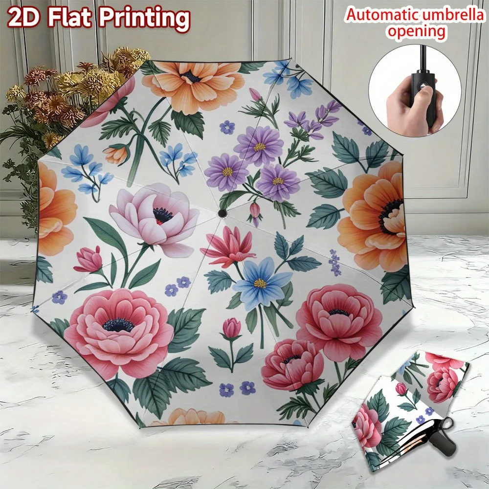 

1pc Open/Close Auto-Fold Umbrella with Color-Changing 2D Floral Print (Pink/Blue/Purple/Green) - Compact Travel Umbrella with