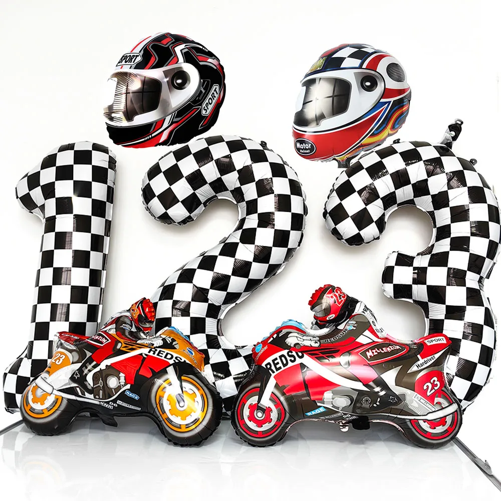 Dirt Bike Party Decor Motorbike Shaped Foil Balloon Motocross Helmet Balloon Checkered Flag Party Decors Racing Party Supplies