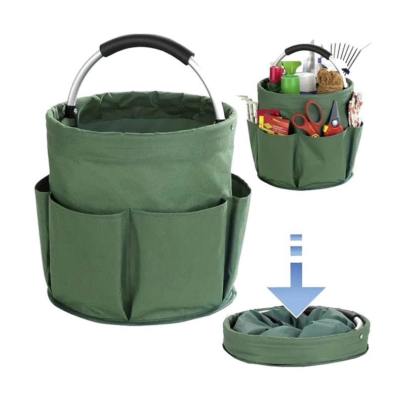 Compact Bucket Organizer with Gardening Tool Bag and Plant Prop Basket.