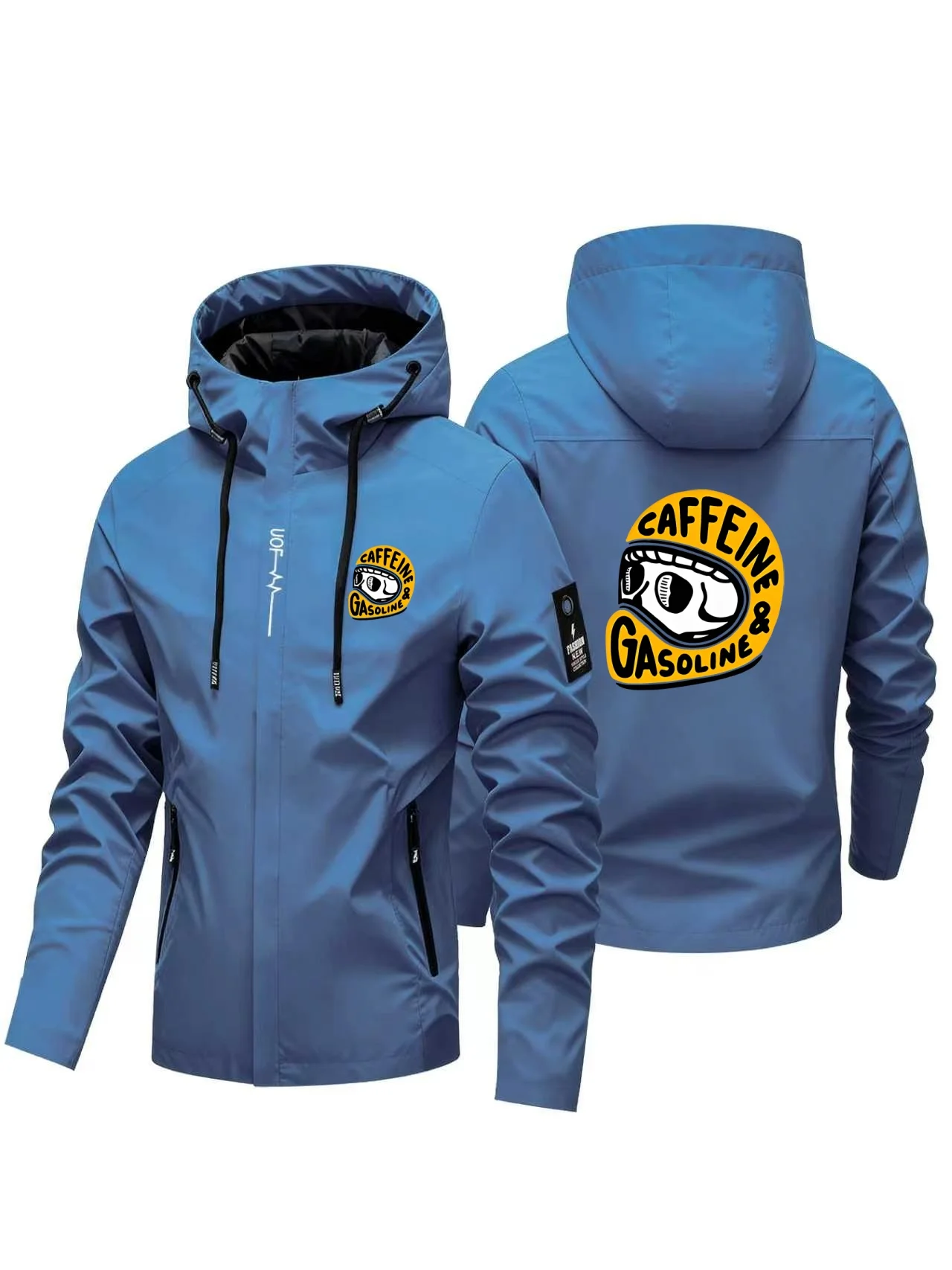 Men's Hooded Windproof Jacket, Printed All-Outdoor Hiking Coat, Retro Motorbike Street Style Jacket with Zipper Pockets