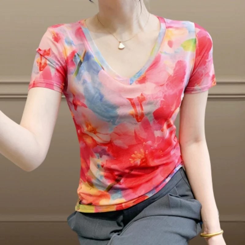 Summer European Clothing Women Mesh V-neck Slim Tops Ladies Short Sleeve Positioning Printed T-shirt Vintage Casual Tee