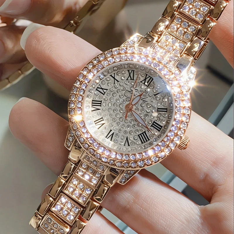 Reloj de Cuarzo Casual Elegante para Mujer, con Diamantes, Brillante, con Zirconia, Mecánico, de Pulsera, con Hebilla Plegable