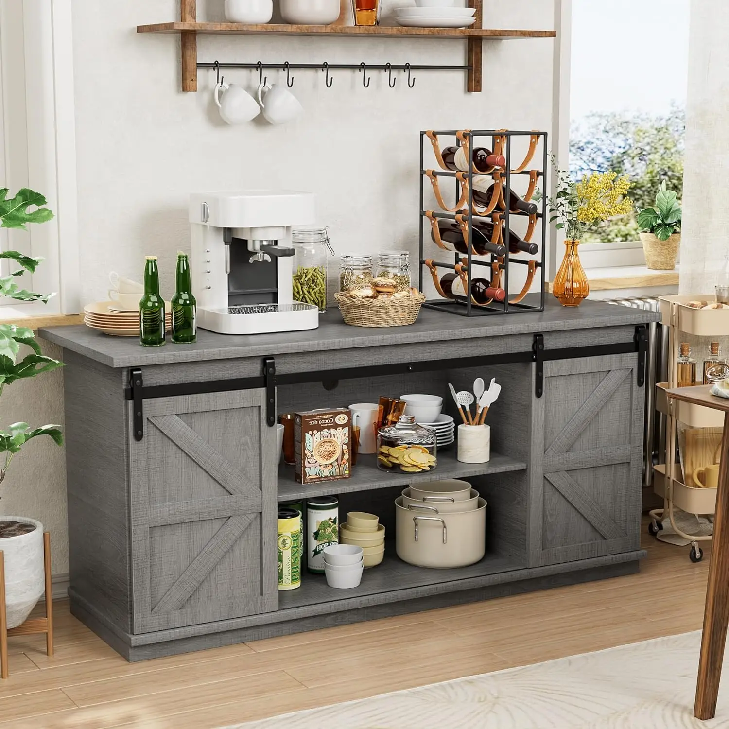 Sideboard Buffet Cabinet, Coffee Bar Storage with Sliding Barn Doors, Shelf for Home Dining Room, 27.5 Height, Grey