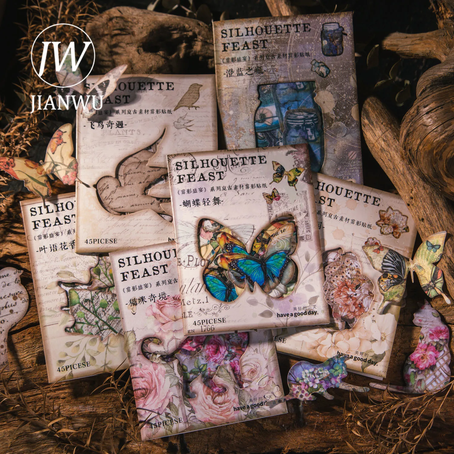 JIANWU 45 Sheets Silhouette Feast Series Vintage Plant Butterfly Material Washi Sticker Creative DIY Journal Collage Stationery