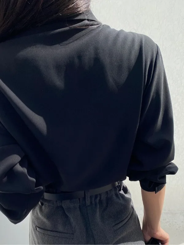 قميص نسائي أنيق عتيق بأكمام طويلة، فضفاض مناسب بأزرار سفلية، تصميم مطوي مزين بشكل متعدد الاستخدامات، ملابس عمل متعددة الاستخد...