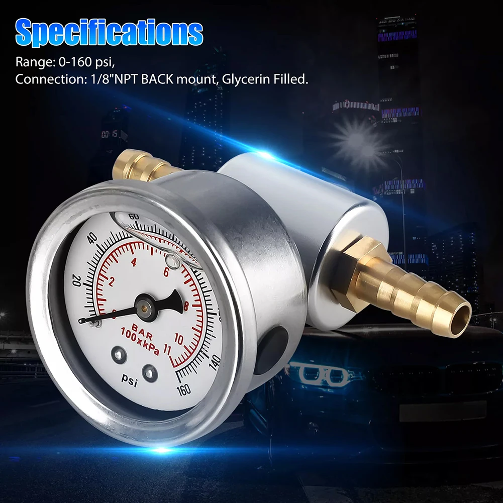 1/8 NPT Kraftstoffdruckmesser-Set 0-160 PSI 11Bar Flüssigkeitsgefüllt Stoßfest mit Kraftstoffleitung T-Adapter 6AN Anschlüsse Universal – Detail 2