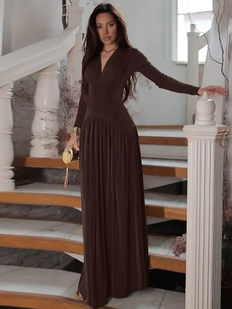 XIAOTANG Herbst Langarm Sexy Maxikleid für Frauen Fashion Solid V-ausschnitt Hohe Taille Schlank Elegante Club Party Plissee Langes Kleid