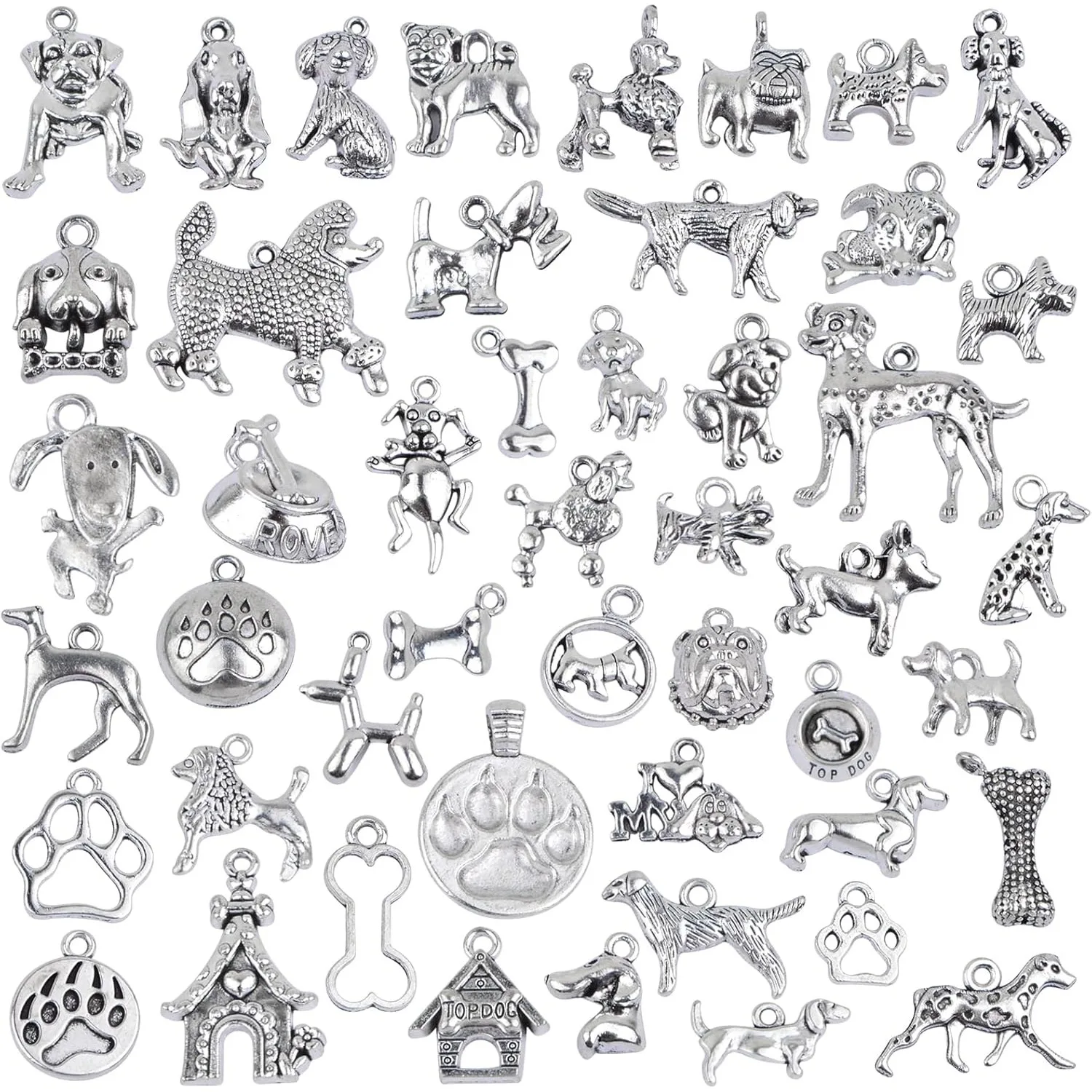 

50 Styles Mixed Pet Dog Theme Charms Vintage Alloy Animal Puppy Dog Bone Paw Print Dangle Pendants for DIY Bracelet Necklace