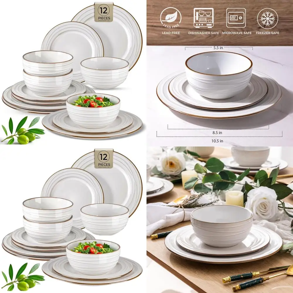 

Elegant Stoneware Dinnerware Set, 12-Piece Embossed Plates and Bowls, Ideal for Housewarming or Wedding, Dishwasher and Microwav