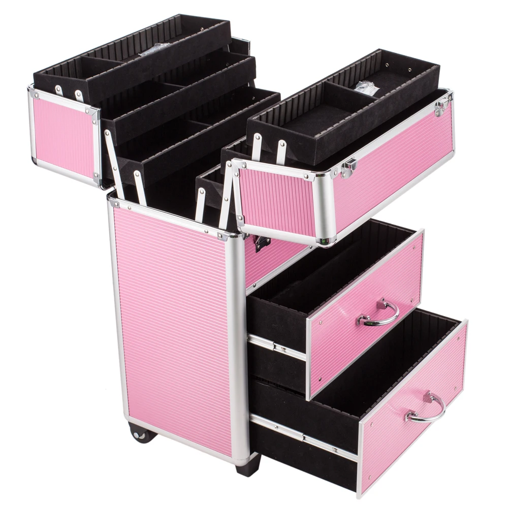 4 Tier Lockable Cosmetic Makeup Train Case with Extendable Trays Pink