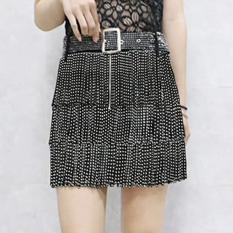 Women Skirt Fashion 2025 New Autumn High Waist Belt Multi Layer Short  Heavy Drilling Rhinestones Fringed Skirt with Cake A Line