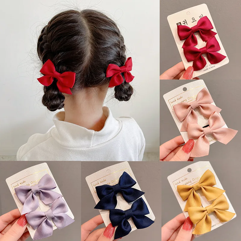 2Pcs Solid Grosgrain Ribbon Bowknot Kids Hair Clips Handmade Bows Baby Girls Barrettes Hairpins Photo Props Gift Set