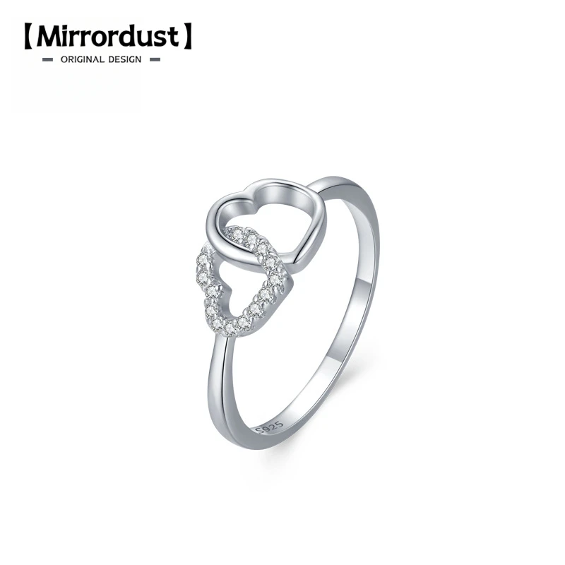 

【Mirrordust】s925 Silver Double Heart Ring for Women, Korean and Japanese Style, Simple and Girly, Micro Pave Zircon, Light Luxur