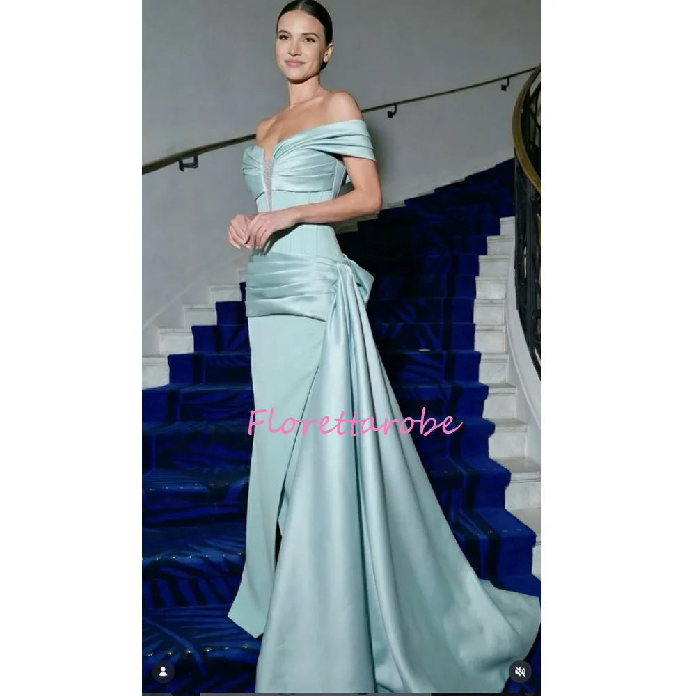 Customized Matching Pastrol Pleat Draped Beading Prom Gowns Straight Off-the-shoulder Long Evening Dresses