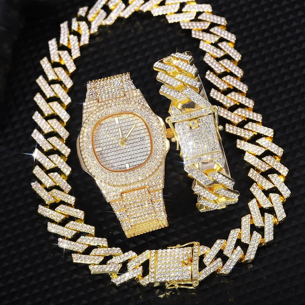 

Iced Out Часы Мужчины Кубинское Ожерелье Браслет Набор Мужские Кварцевые Часы Хип-Хоп Часы Подарочный Набор Мужские Часы Ювелирные Наборы reloj