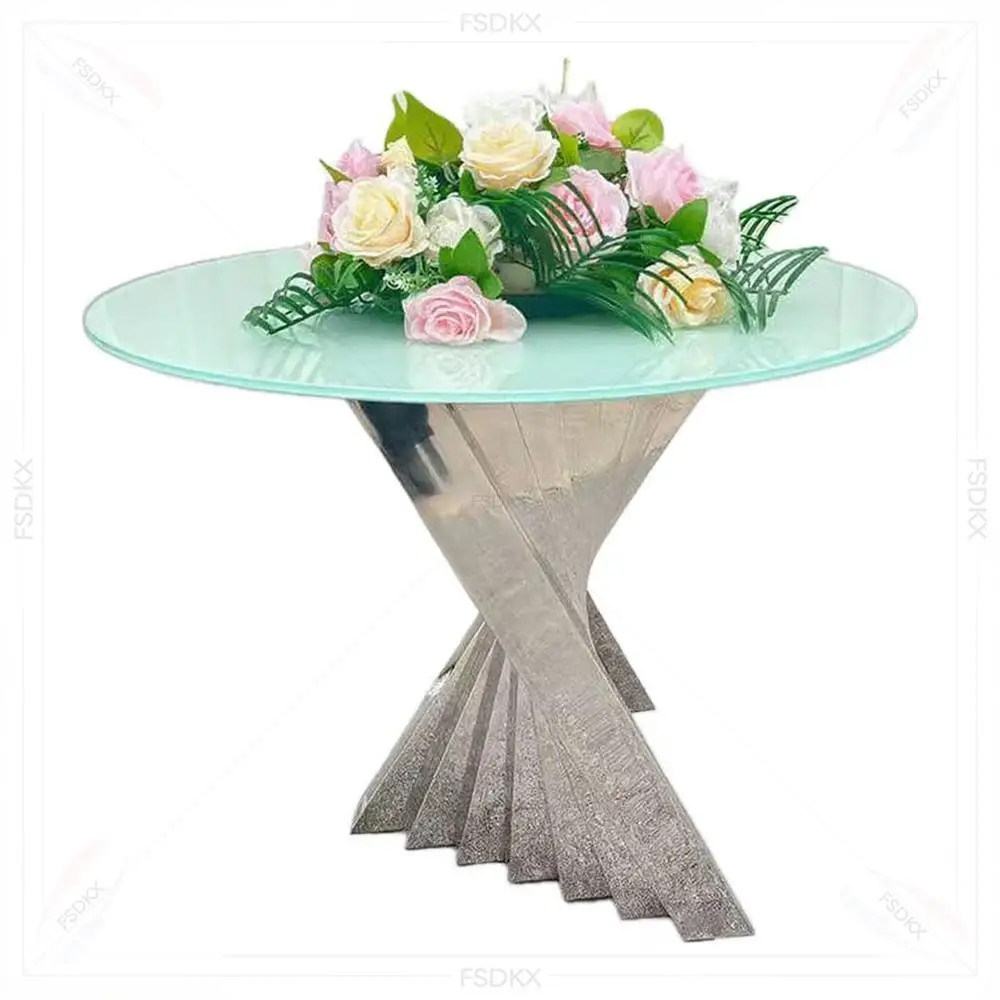 

FSDKX Special Luxury Africa Style Round Clear Glass with Stainless Steel Gold Base Wedding Cake Table Furniture