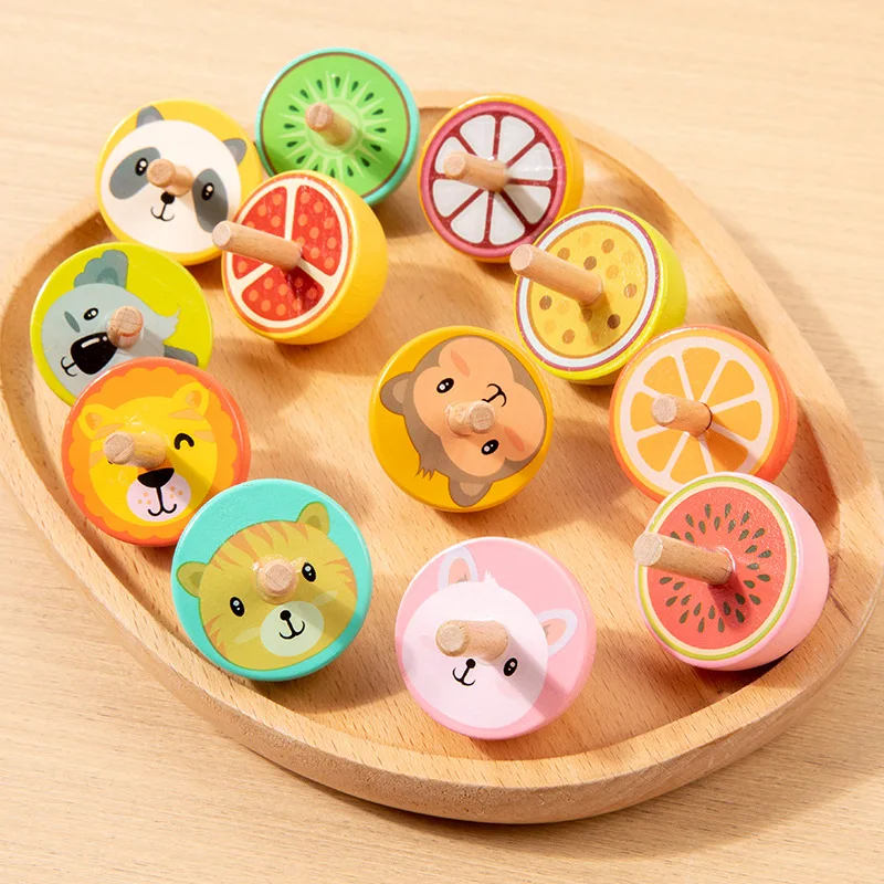 

2025 мультфильм детства деревянный гироскоп непоседы игрушки, детские Монтессори красочные фрукты животное ручной вращающийся гироскоп рождественские подарки