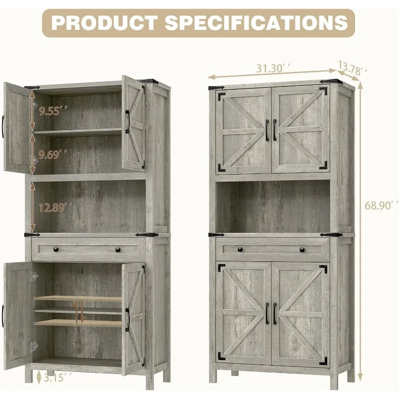 Armadietto portaoggetti da fattoria alto 72" di altezza con cassetto, dispensa da cucina a 6 livelli, organizzare con 4 ante della stalla e ripiano regolabile, microonde