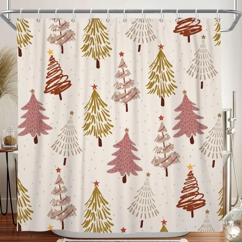 Morandi Hand Drawn Line Art Christmas Tree Shower Curtain No Drilling Bathroom Decor Set with 12 Hooks Waterproof
