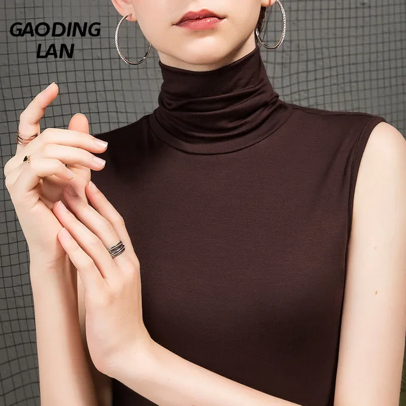 Summer Women Turtleneck Sleeveless Solid Color T-shirts Skinny Slim Fit Grace Tops Female Large Size Modal Sexy Bottom Tee Shirt
