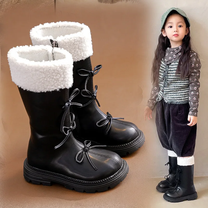 Fleece-lined Turned-over Edge Boots Girs Bowknot Shoes Knee High Boot Kids Children 2026 Winter Square Heel Retro Leather Shoe
