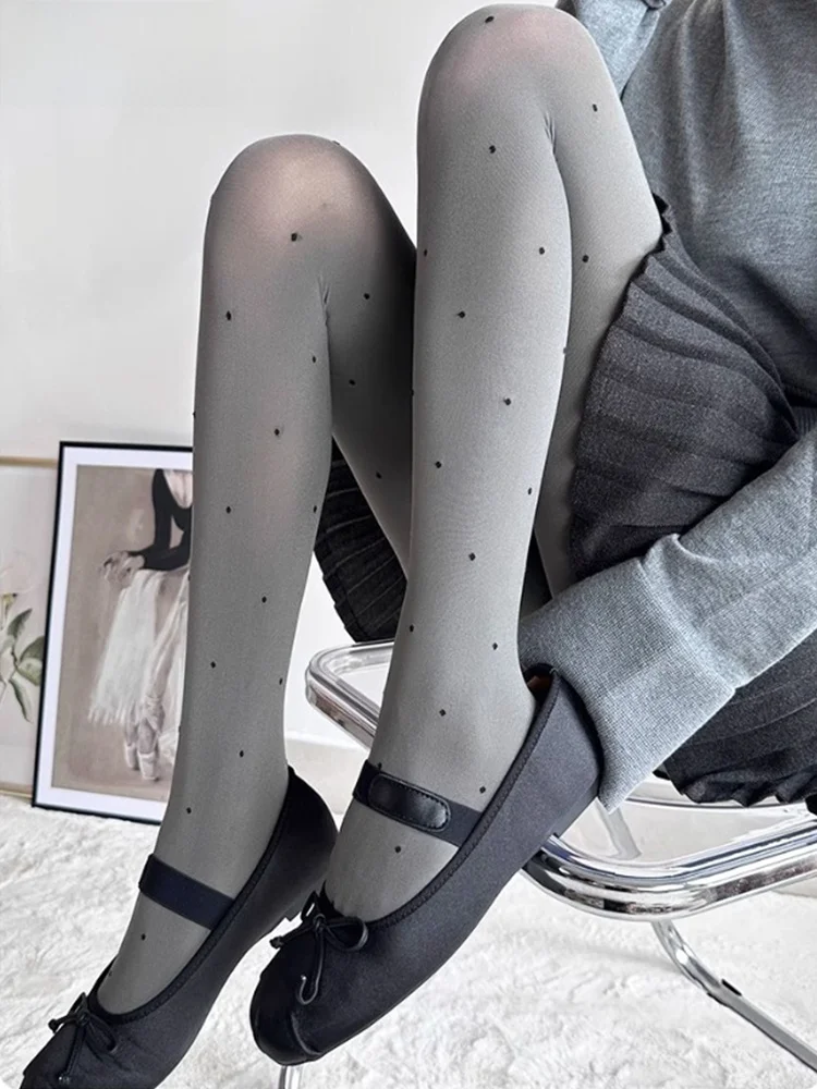 Smoke Grey Polka Dot Women's Tights Velvet Base Layer Stockings Japanese Style Swan Pure Desire Anti-Catch Thread Socks