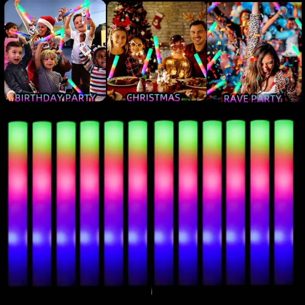 12PCS LED Light Up Foam Sticks Sponge Luminous Stick Night Light Glow Party Supplies for Wedding Birthday Christmas Rave Concert