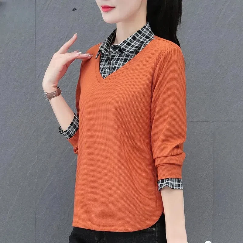 Button Long Sleeve Checkered Patchwork Contrast Color Spring Autumn Turn-down Collar Women's Clothing Pullover Casual Tops