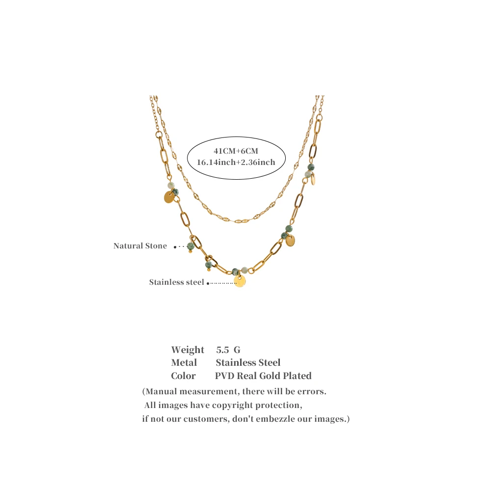 Yhpup Exquisite Stainless Steel Green Natural Stone Double-Layer Chain Stacking Necklace for Women High Quality Jewelry Gift