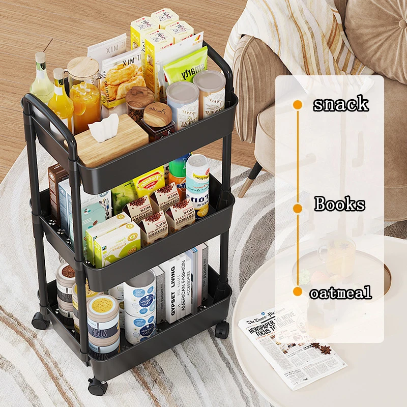 3 Tiers Kitchen Shelf Multifunction Large Capacity Seasoning Storage Rack with Wheel Snacks Sundries Storage Trolley Organizer