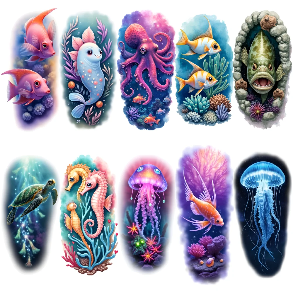 

12pcs Temporary Tattoo Fish Pair Colorful Realism Turtle Seahorses Waterproof Long-lasting Body Stickers Mermaid For Arms