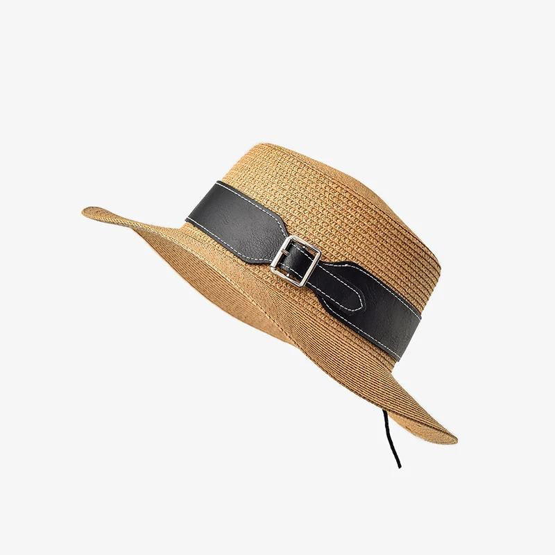 BEAU TODAY Straw Hats Women Paper Straw Khaki Wide Brim Black Panama Metal Decotarion Summer Beach Fashion Ladies Sun Caps 96505