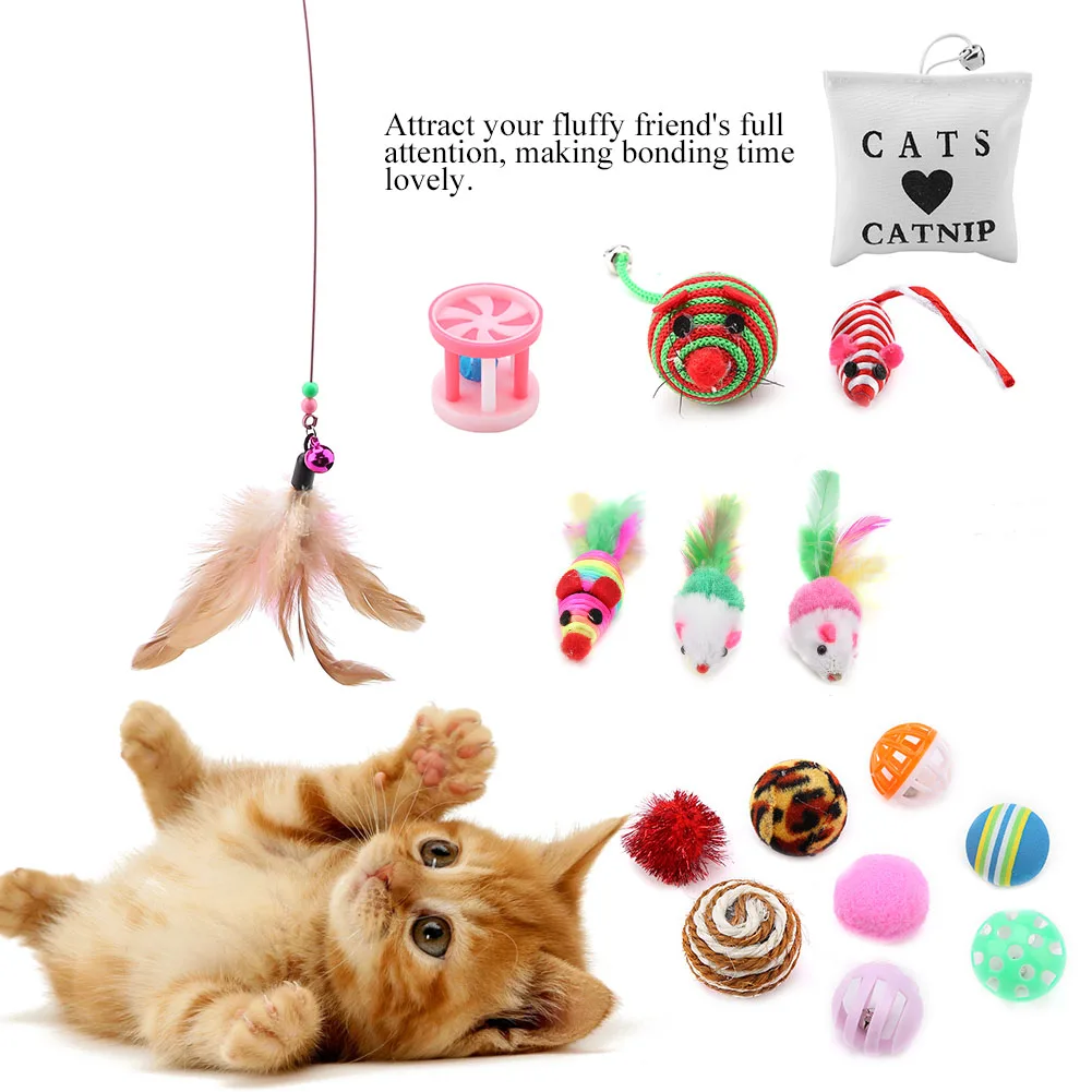 16Pcs Variety Pack Cat Toys Tease Stick Mouse Balls Catnip Sisal Feather Gift Combination Set